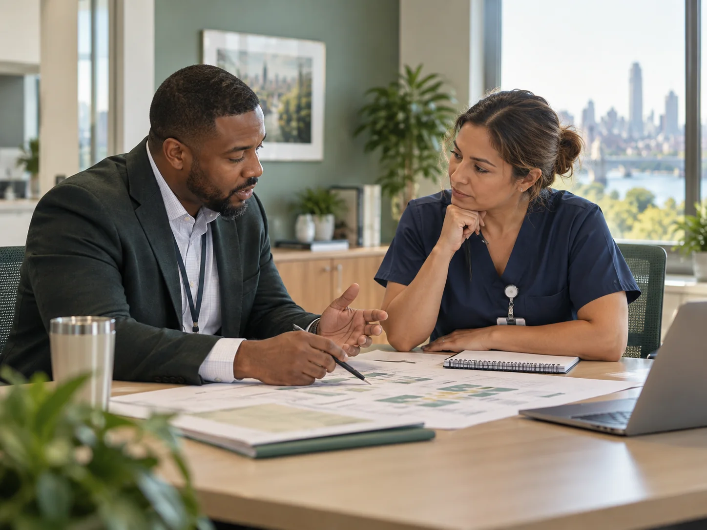 Two healthcare operations leaders reviewing a workflow